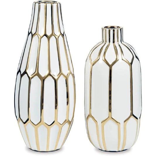 Honeycomb Ceramic Two-Piece White Gold Vase Set