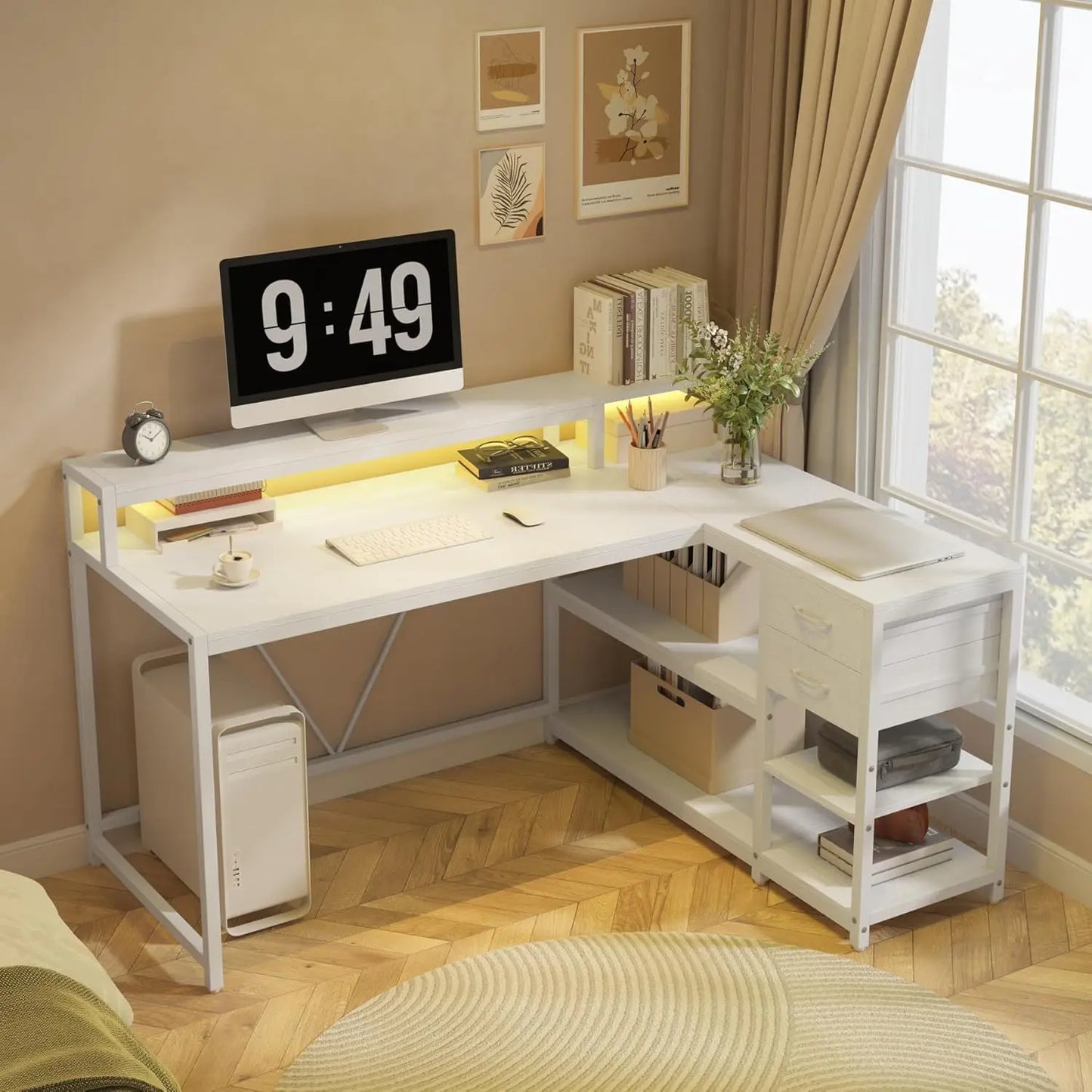 L Shaped Desk With Drawers And Storage Shelves