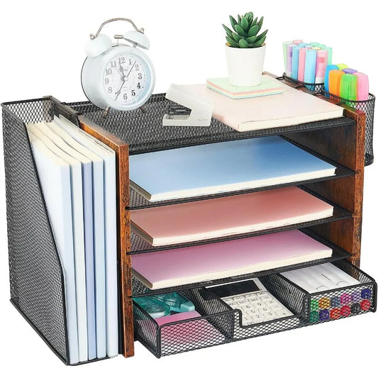 Wood Desk Organizer And Accessories With File Organizer