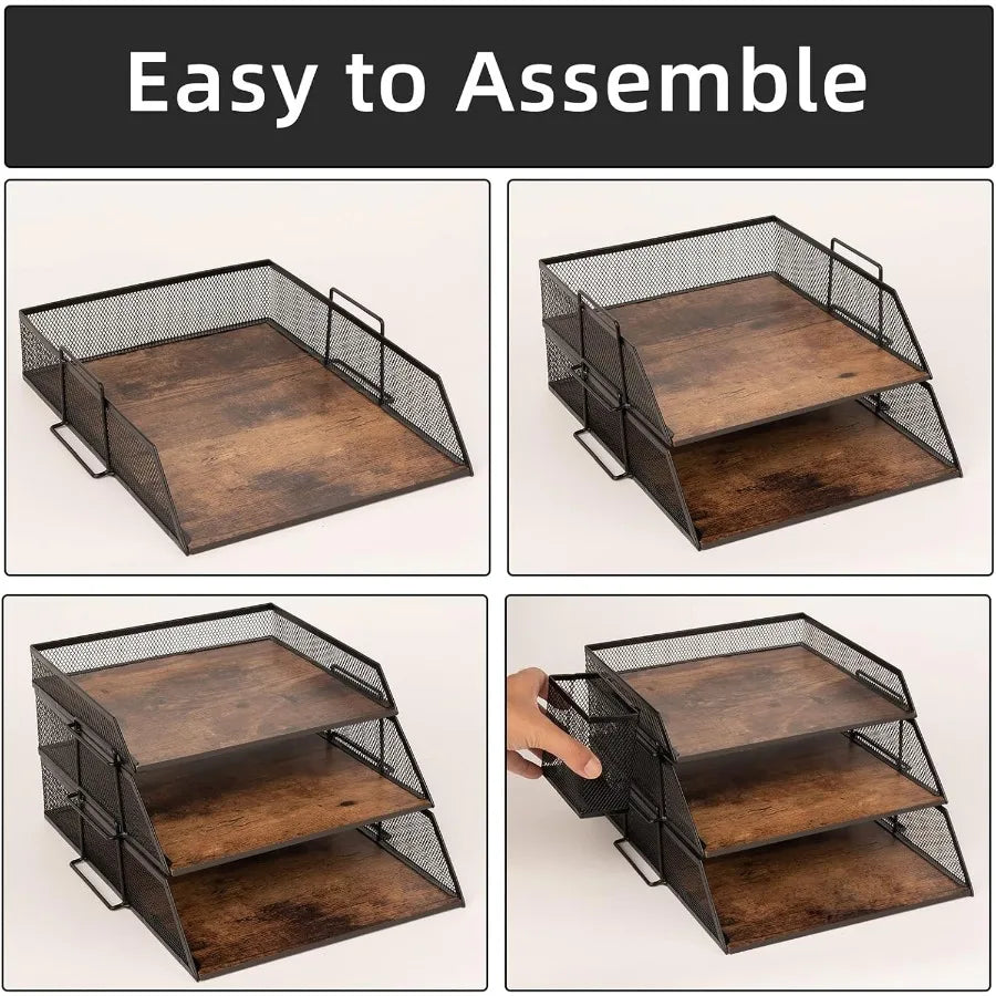 Vintage Wood Metal Letter Tray Stackable Desk Organizer