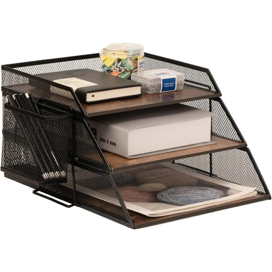 Vintage Wood Metal Letter Tray Stackable Desk Organizer