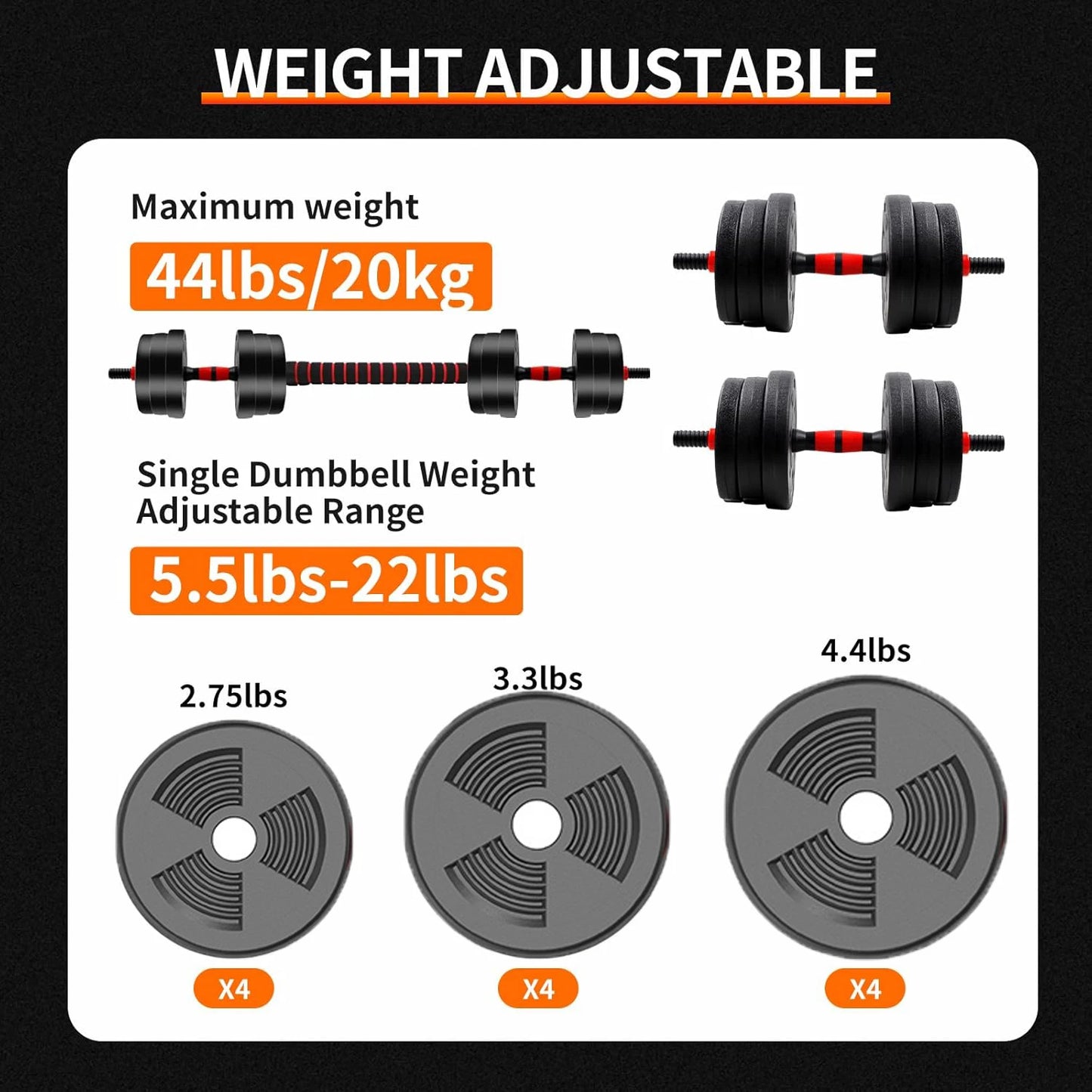 Adjustable 5–44Lb Dumbbell-Barbell Set Anti-Slip Grip
