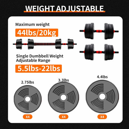 Adjustable 5–44Lb Dumbbell-Barbell Set Anti-Slip Grip