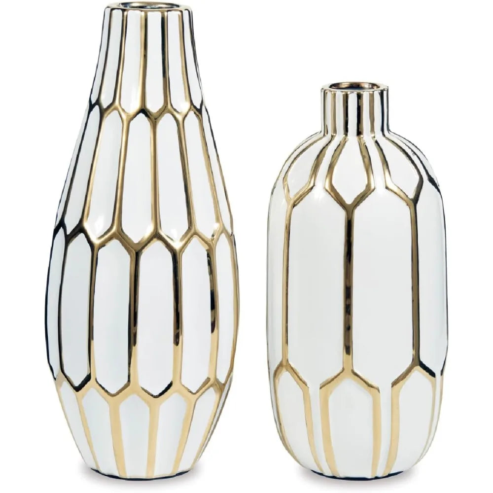 Honeycomb Ceramic Two-Piece White Gold Vase Set