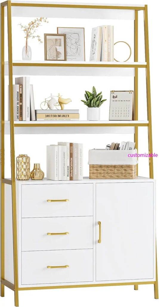 Tall White Gold 4-Tier Bookcase Storage