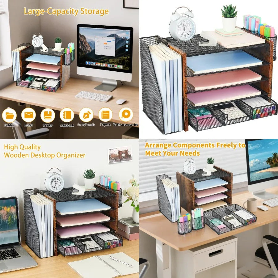 Wood Desk Organizer And Accessories With File Organizer
