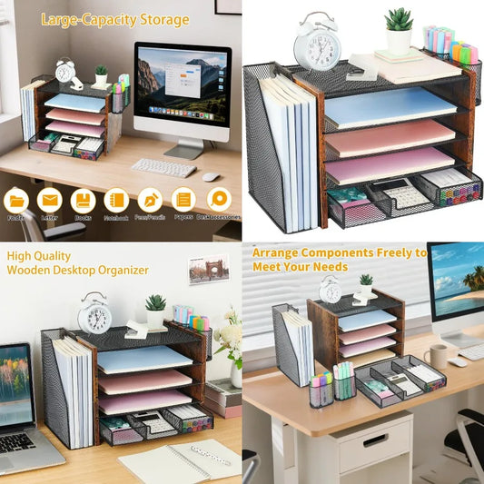 Wood Desk Organizer And Accessories With File Organizer