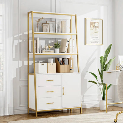 Tall White Gold 4-Tier Bookcase Storage
