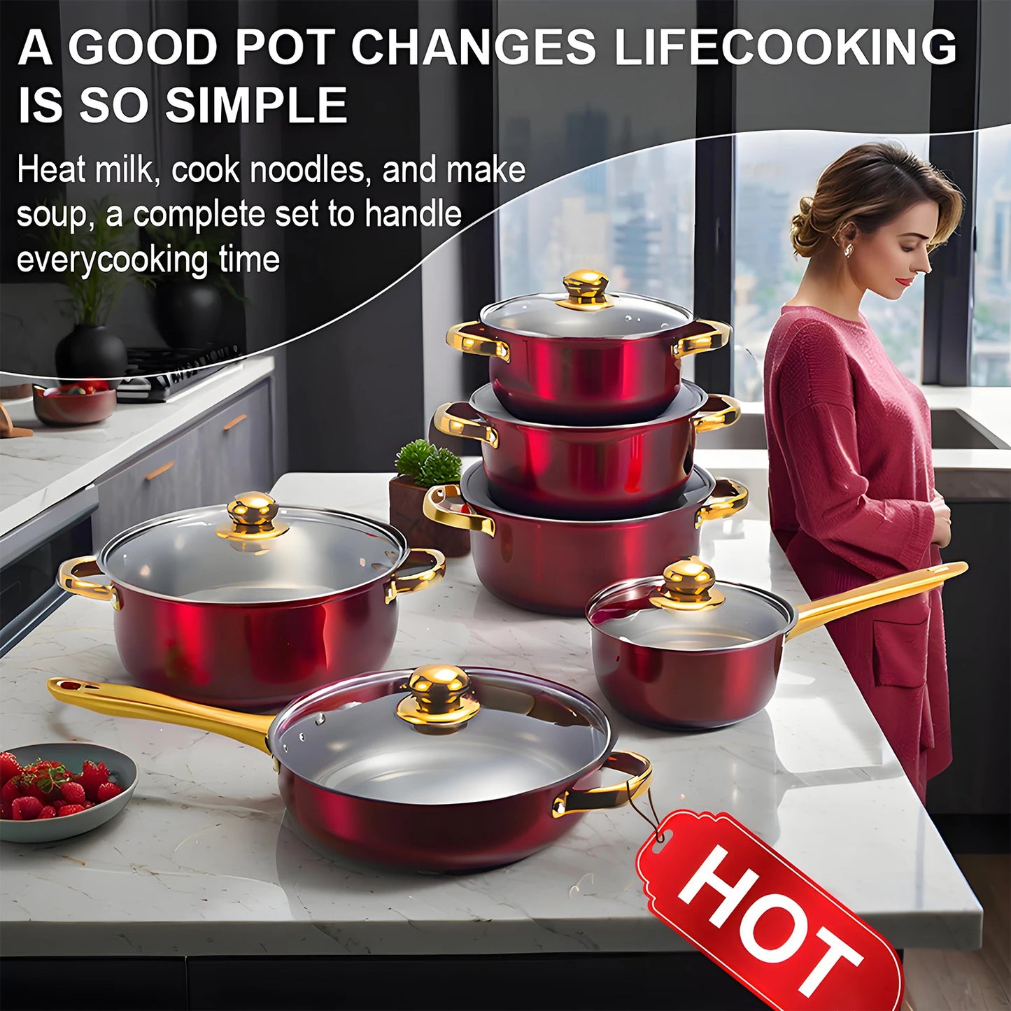 Red 12-Piece Nonstick Stainless Steel Cookware Set
