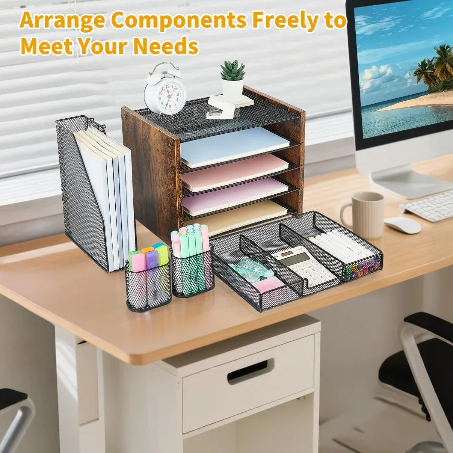 Wood Desk Organizer And Accessories With File Organizer