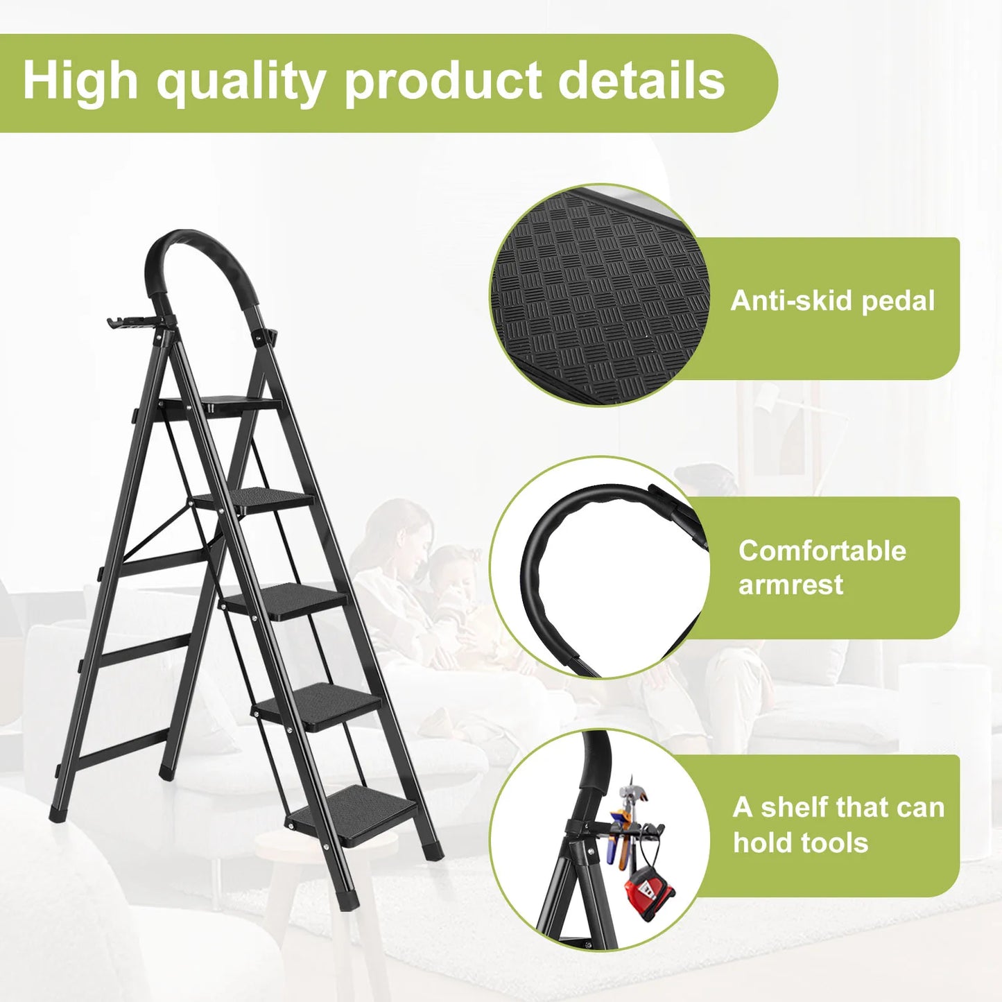 Heavy-Duty Folding Stool With Handrail And Anti-Slip