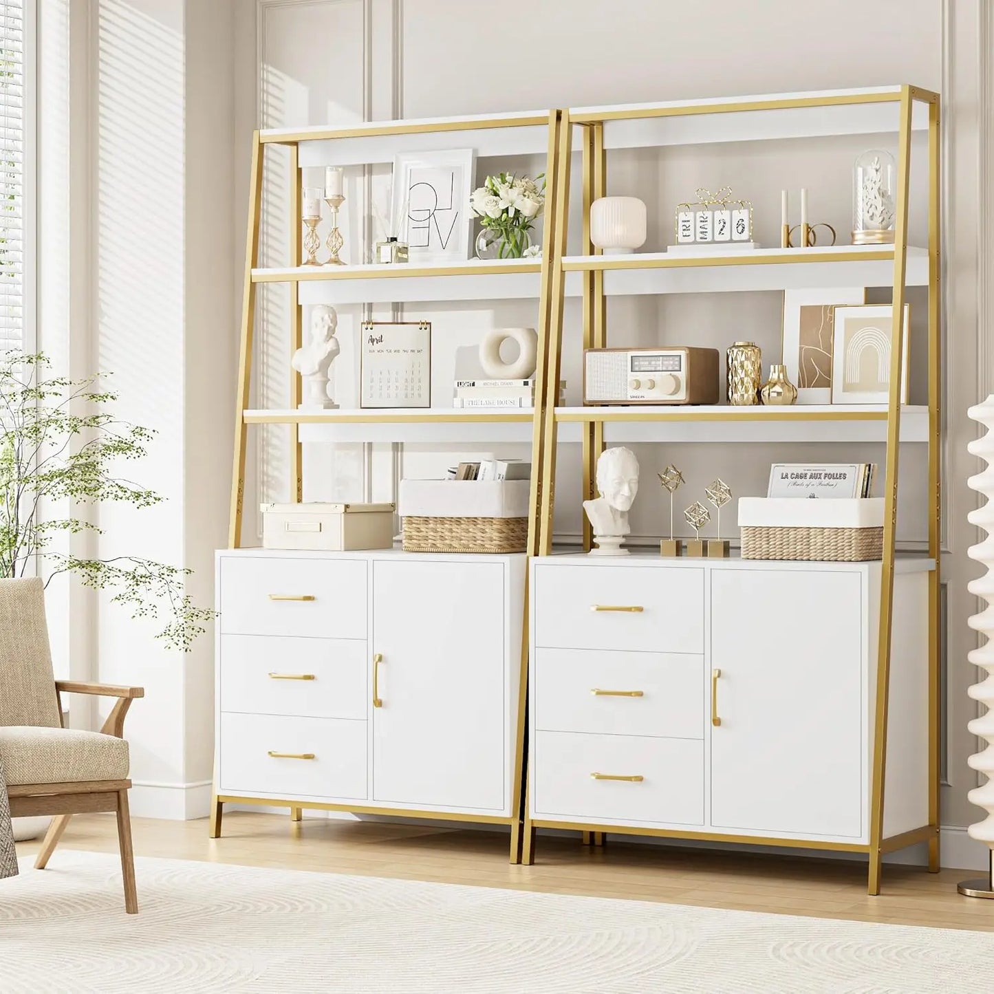 Tall White Gold 4-Tier Bookcase Storage
