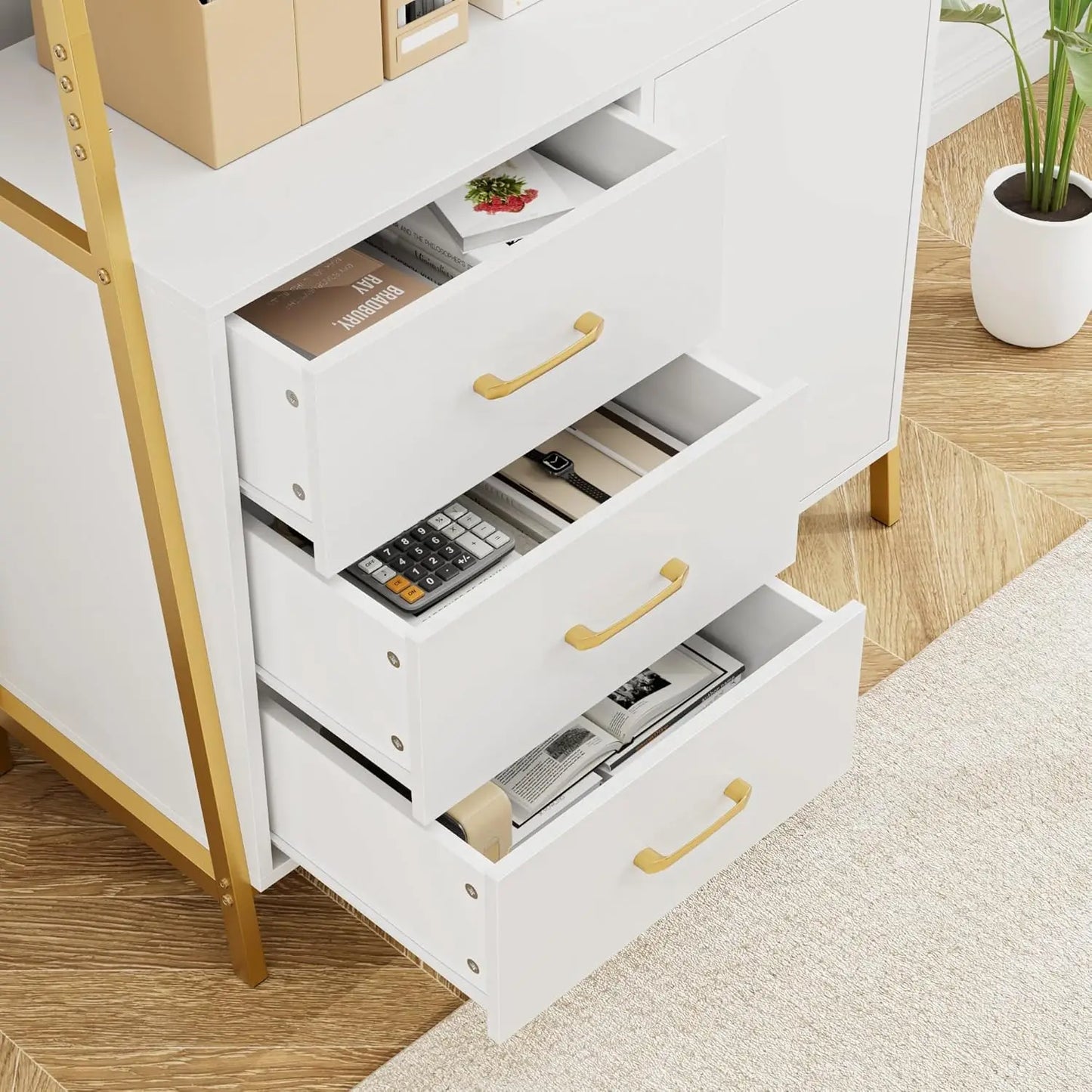 Tall White Gold 4-Tier Bookcase Storage