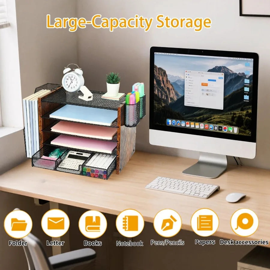 Wood Desk Organizer And Accessories With File Organizer