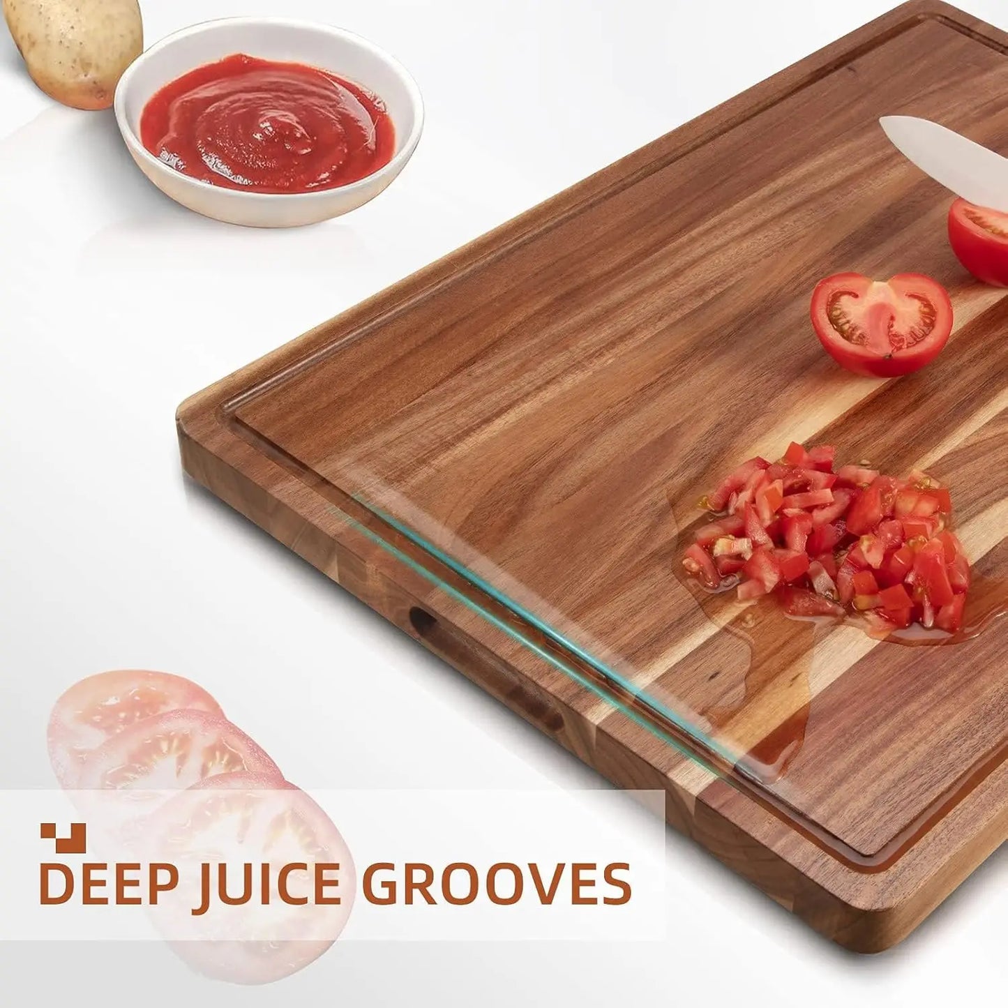 Wooden Cutting Board With Handles & Grooves