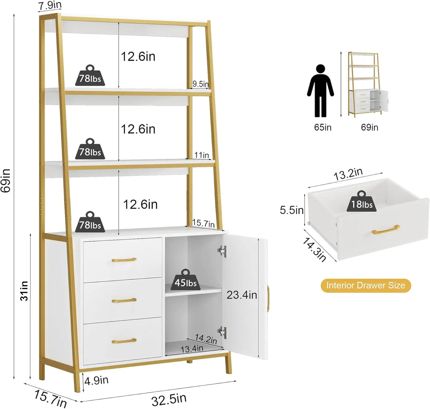 Tall White Gold 4-Tier Bookcase Storage