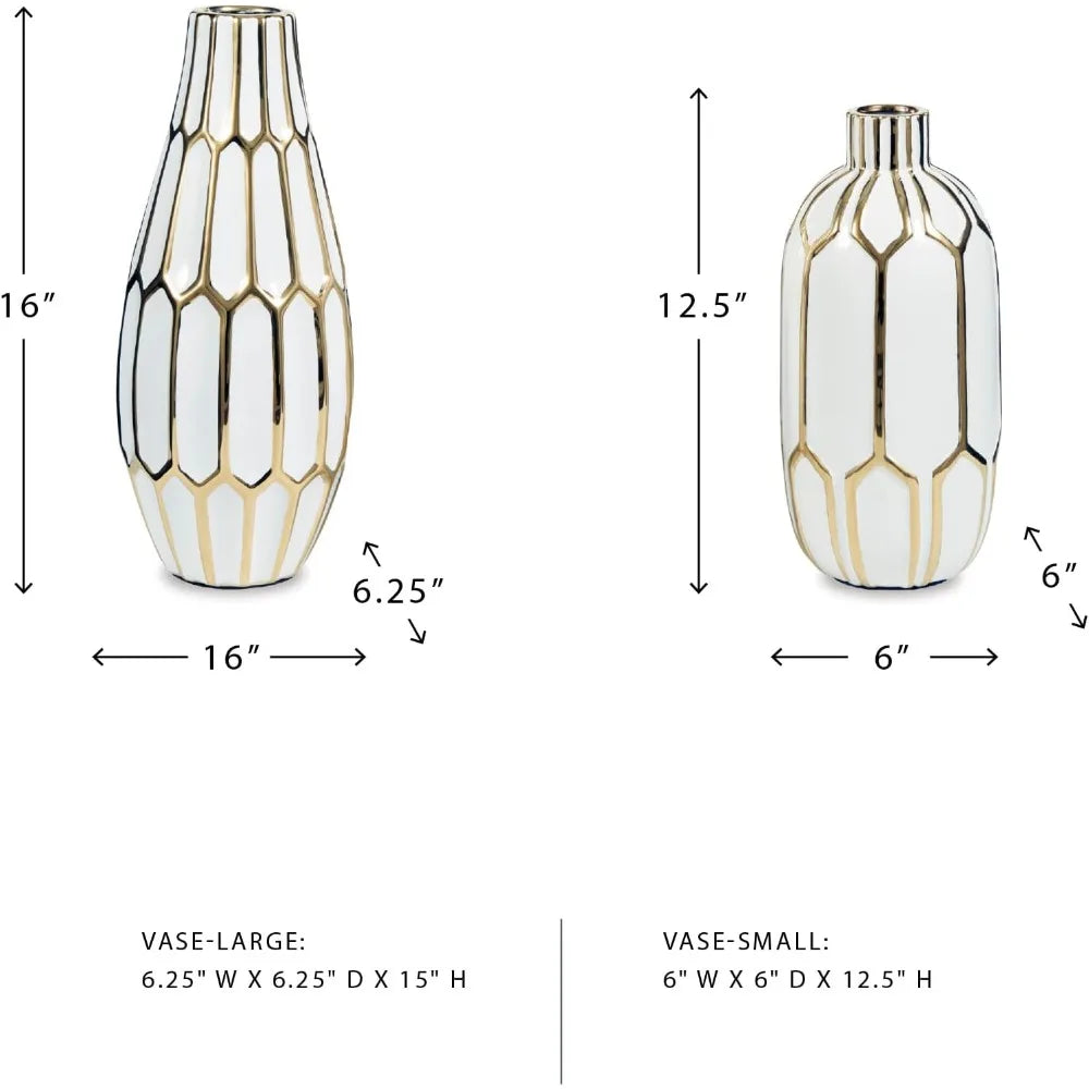 Honeycomb Ceramic Two-Piece White Gold Vase Set