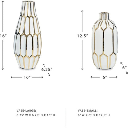 Honeycomb Ceramic Two-Piece White Gold Vase Set