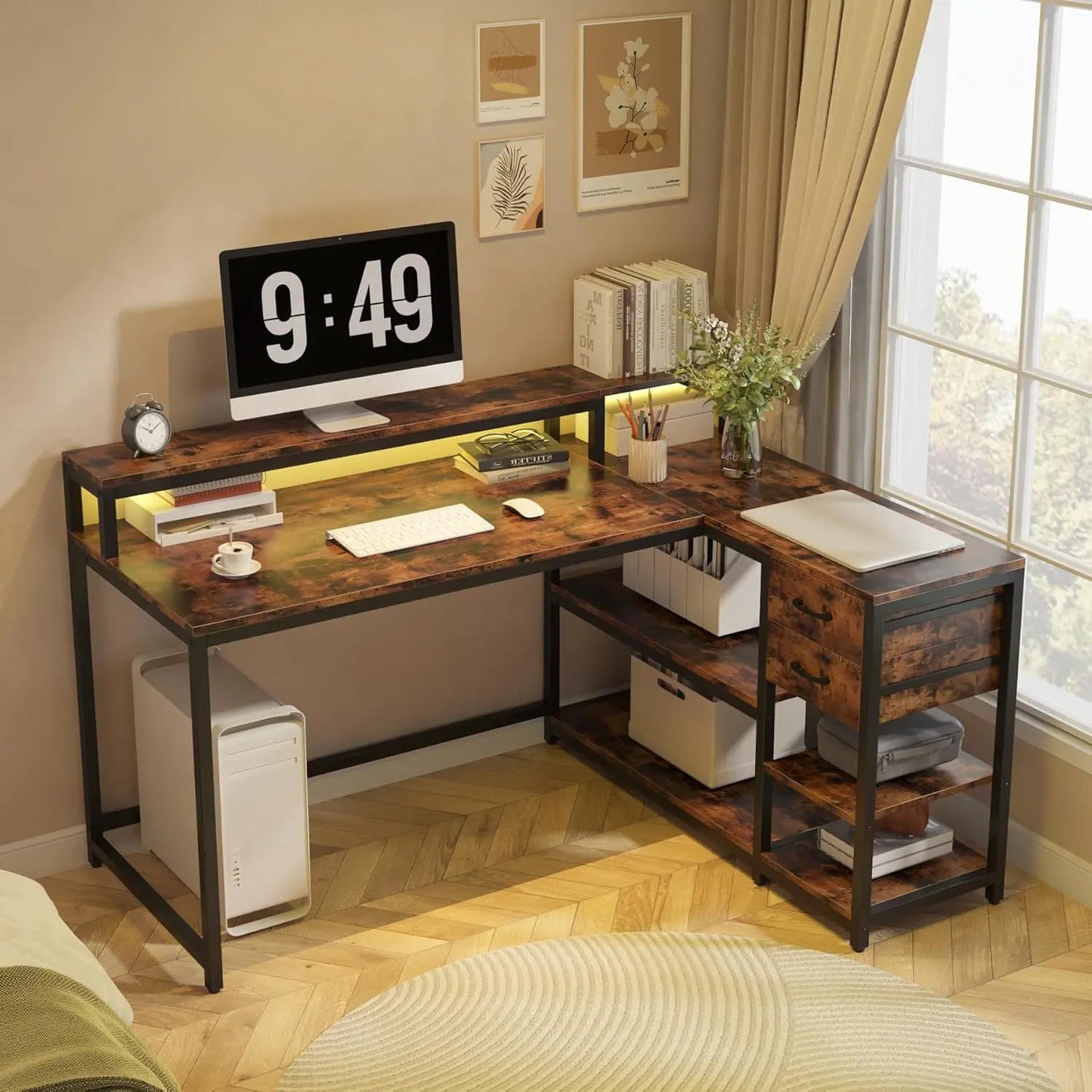 L Shaped Desk With Drawers And Storage Shelves