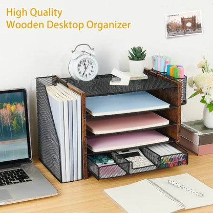 Wood Desk Organizer And Accessories With File Organizer