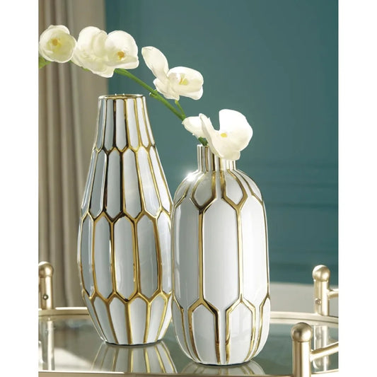 Honeycomb Ceramic Two-Piece White Gold Vase Set