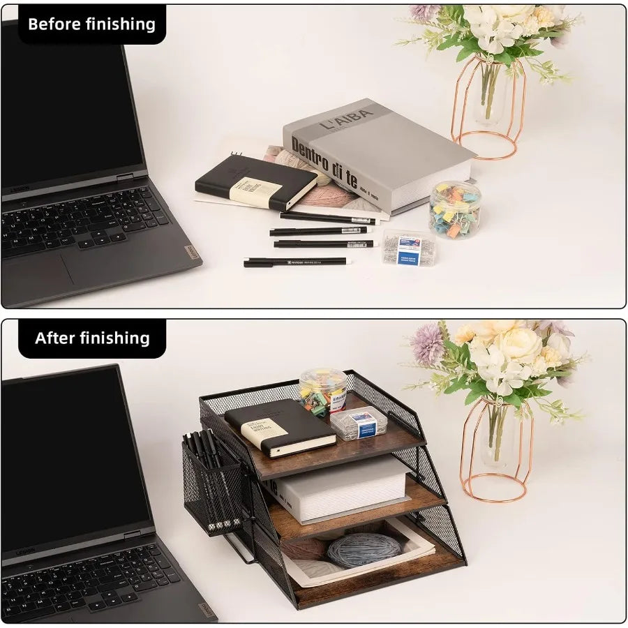 Vintage Wood Metal Letter Tray Stackable Desk Organizer