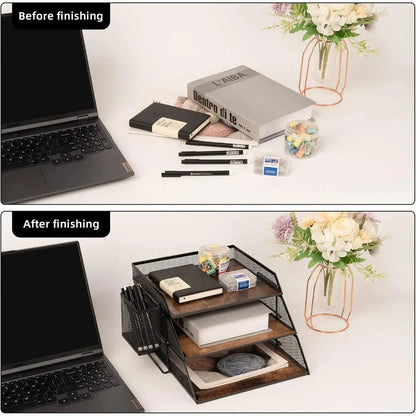 Vintage Wood Metal Letter Tray Stackable Desk Organizer