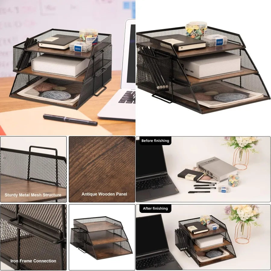 Vintage Wood Metal Letter Tray Stackable Desk Organizer