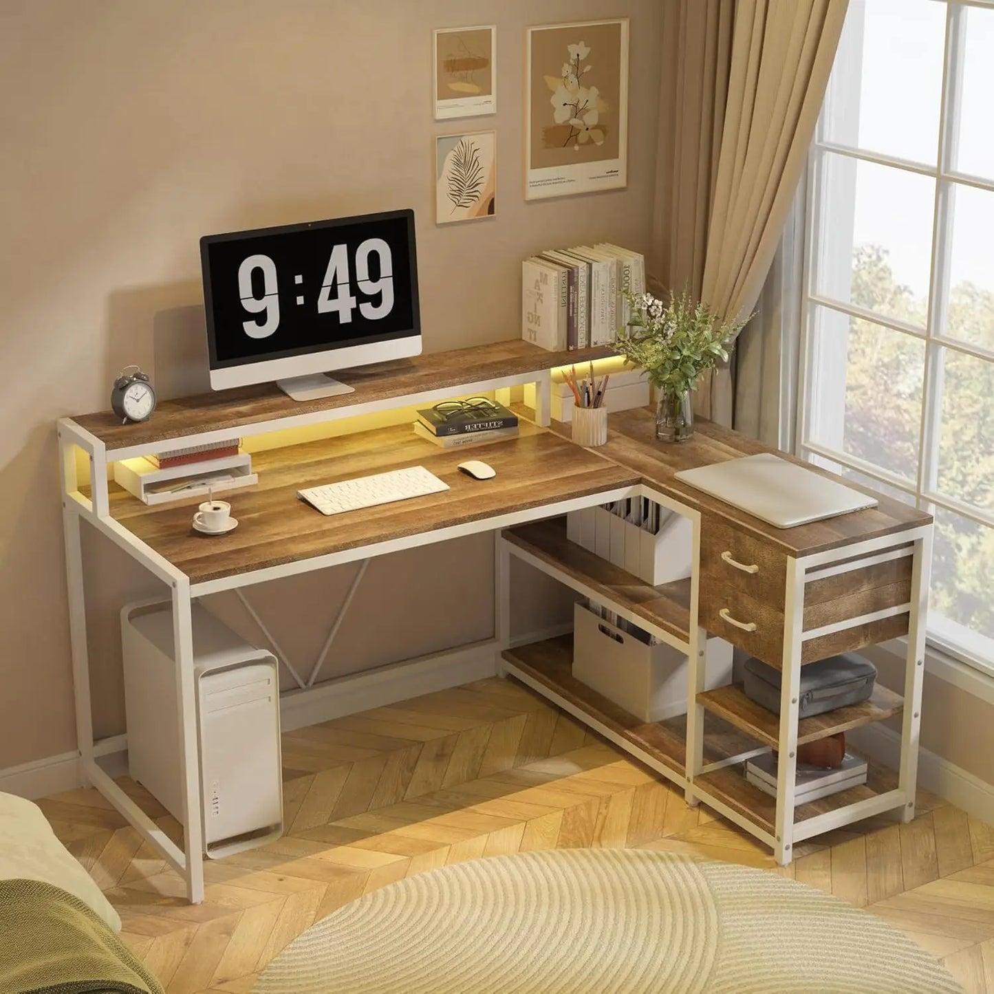 L Shaped Desk With Drawers And Storage Shelves