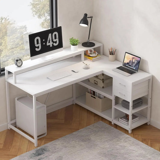 L Shaped Desk With Drawers And Storage Shelves