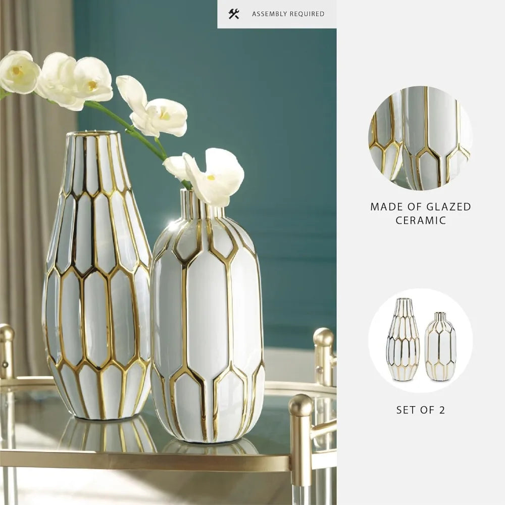 Honeycomb Ceramic Two-Piece White Gold Vase Set