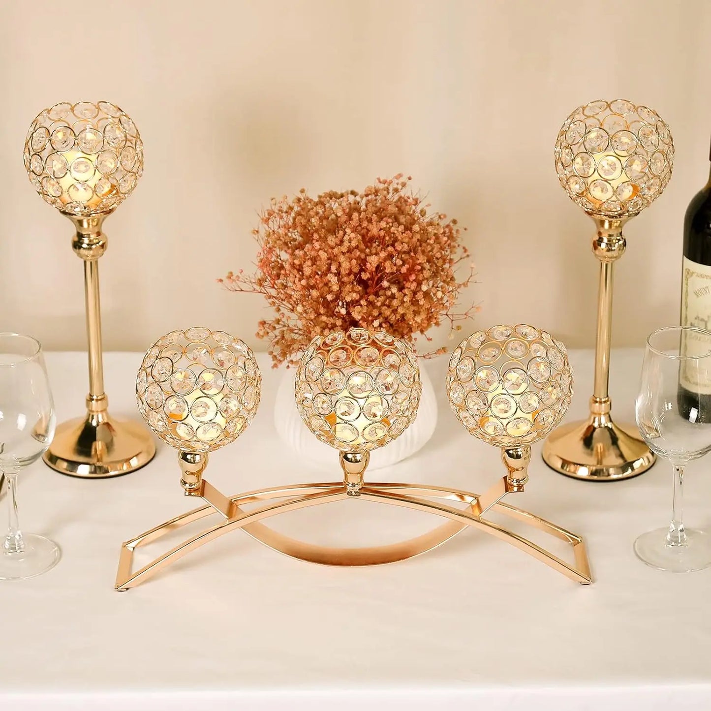 Gold Crystal Three-Arm Candle Holders