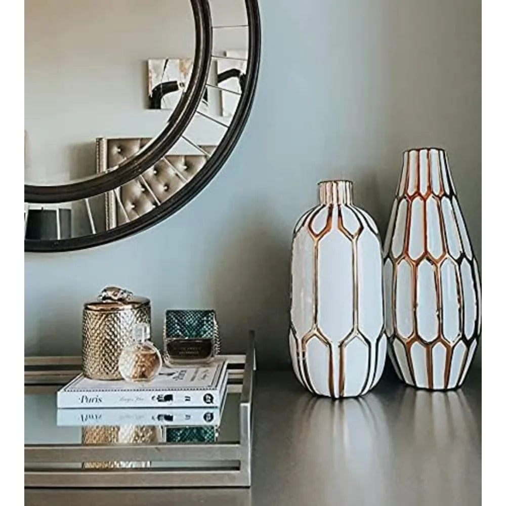 Honeycomb Ceramic Two-Piece White Gold Vase Set