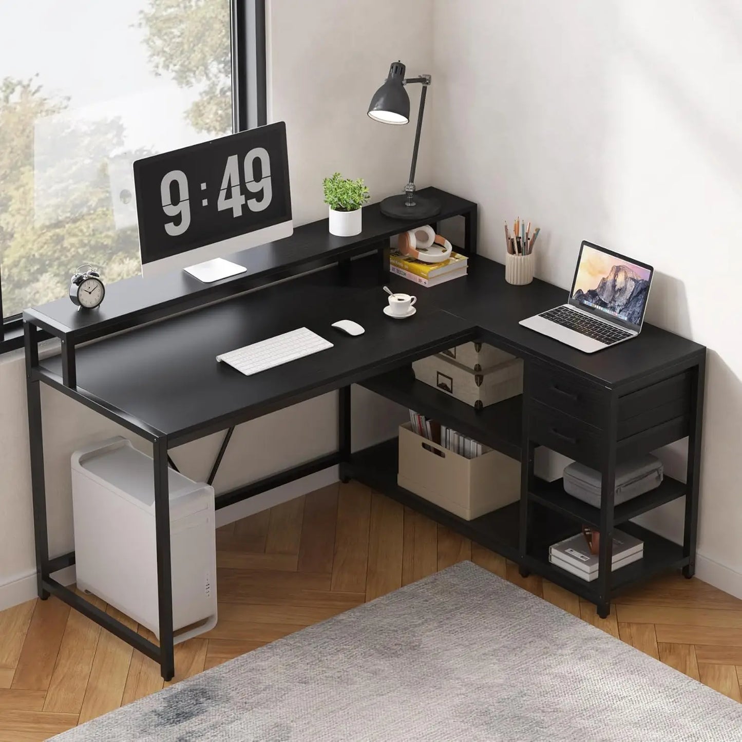 L Shaped Desk With Drawers And Storage Shelves