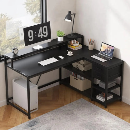 L Shaped Desk With Drawers And Storage Shelves